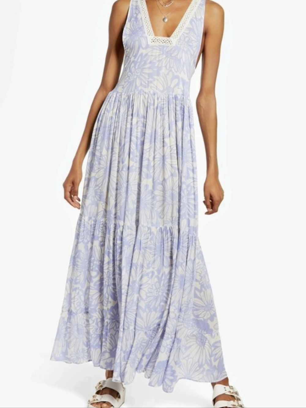 Free People Tiers For You Boho Floral Tiered Maxi Slip Dress Blue XL Like New!